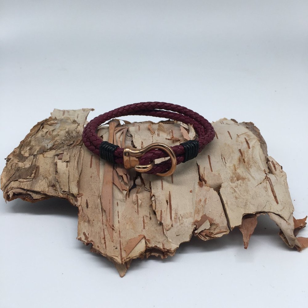 Dark Red & Black Leather Woven Bracelet with Gold Loop Clasp